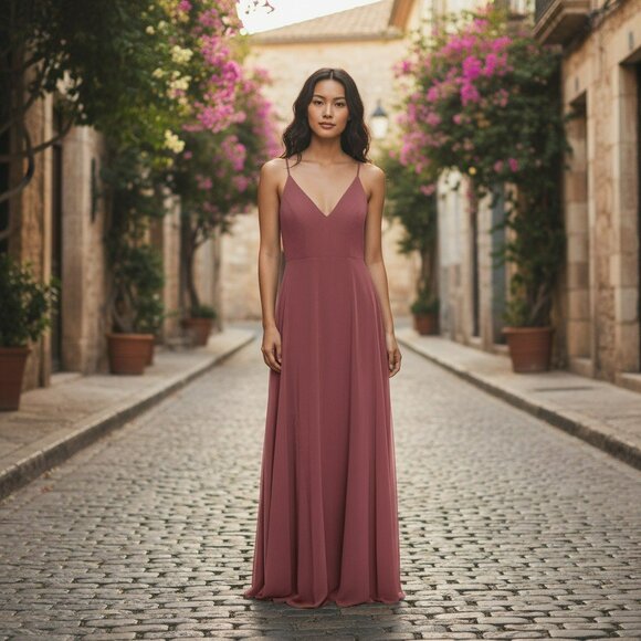 Jenny Yoo NWT Gown | Dusty Rose Chiffon | A-Line V-Neck Open Back | 29.5B - Picture 6 of 10
